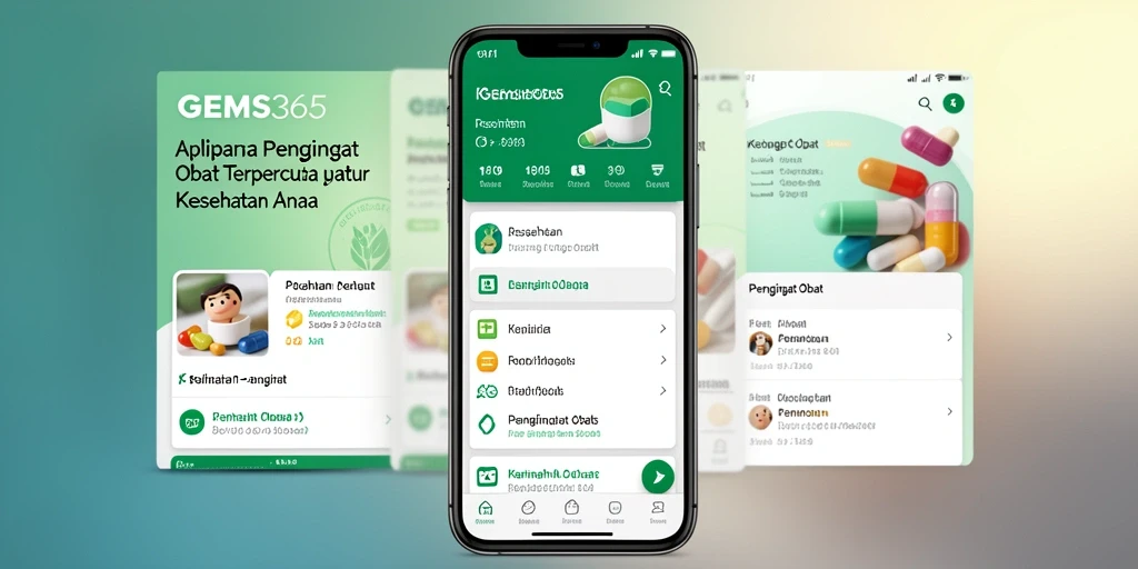 Tampilan utama aplikasi GEMS365 dengan fitur pengingat obat.