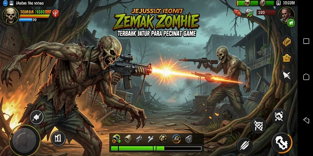 Tampilan antarmuka <strong>JEJUSLOT</strong> dengan aksi menembak zombie yang seru.